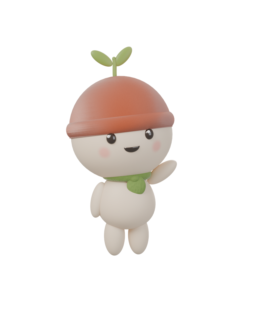 Oli, um bonequinho de barro com gorro terracota e um broto de oliveira, acenando
